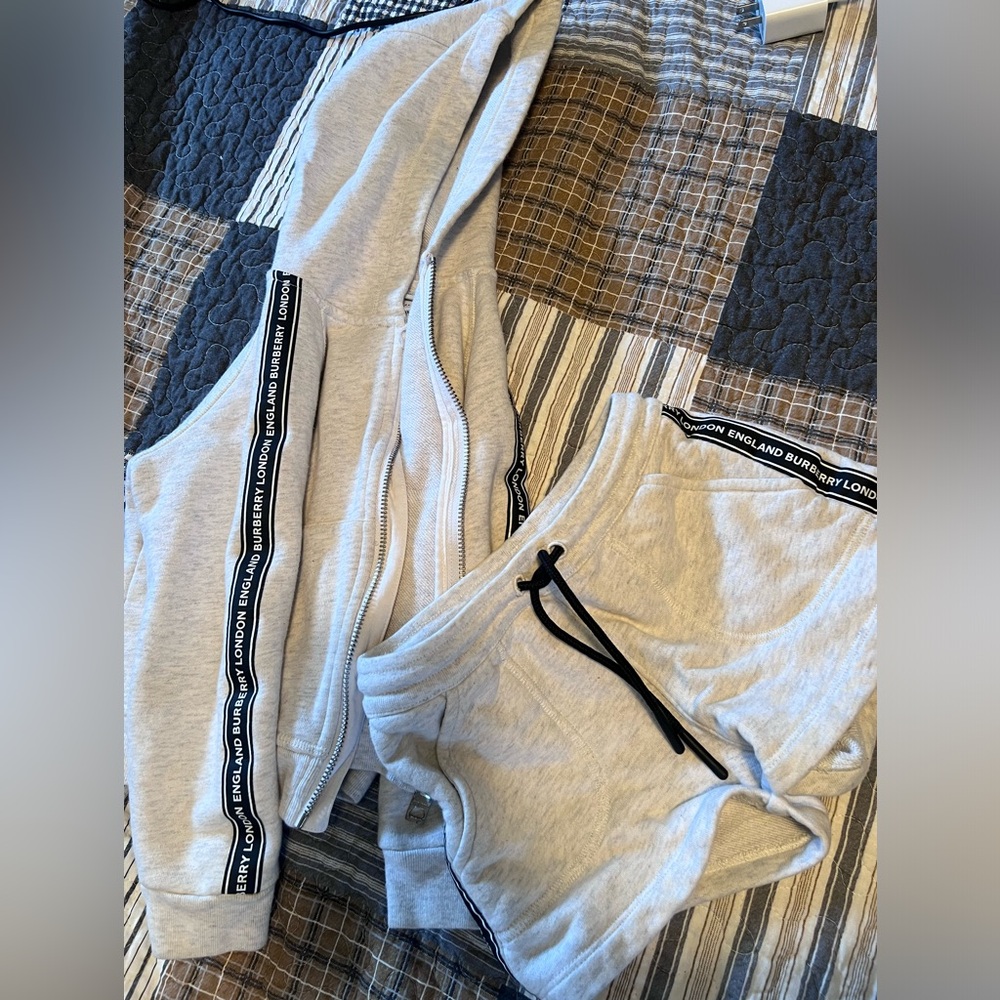 Burberry Light Gray Kids Matching Hoodie & Shorts Set with Black Trim